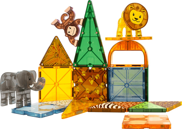 Magna Tiles Safari Animals - 25 Piece Set featuring colorful, translucent tiles that can be combined to create 3D structures. Includes elephant and monkey figures, showcasing an educational and creative play experience for toddlers and children.