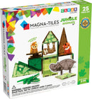 A colorful box of Jungle Animals Magna Tiles featuring 25 clear magnetic tiles shaped like jungle animals and plants. The set includes movable parts and is designed for children ages 3 and up, promoting creativity and learning through play. The packaging showcases a sloth, a crocodile, and a tiger among vibrant greenery, emphasizing the playful nature of the product.