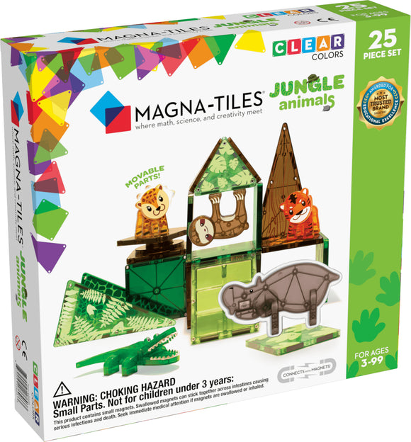 A colorful box of Jungle Animals Magna Tiles featuring 25 clear magnetic tiles shaped like jungle animals and plants. The set includes movable parts and is designed for children ages 3 and up, promoting creativity and learning through play. The packaging showcases a sloth, a crocodile, and a tiger among vibrant greenery, emphasizing the playful nature of the product.