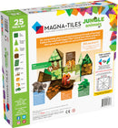 Jungle Animals Magna Tiles set featuring 25 colorful, geometric pieces designed for creative play. The box displays illustrations of jungle animals such as a sloth, leopard, tiger, and hippopotamus, along with various building structures. It highlights the educational benefits of play, emphasizing creativity, math, and science through construction and animal matching.
