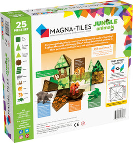 Jungle Animals Magna Tiles set featuring 25 colorful, geometric pieces designed for creative play. The box displays illustrations of jungle animals such as a sloth, leopard, tiger, and hippopotamus, along with various building structures. It highlights the educational benefits of play, emphasizing creativity, math, and science through construction and animal matching.
