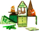 A colorful set of Jungle Animals Magna Tiles featuring various shapes and animal figures. The scene includes a playful tiger and a cheetah on top of transparent green and brown tiles, a sloth hanging beneath, and a green crocodile, all showcasing the vibrant colors and creative potential of this DIY kit for imaginative play.