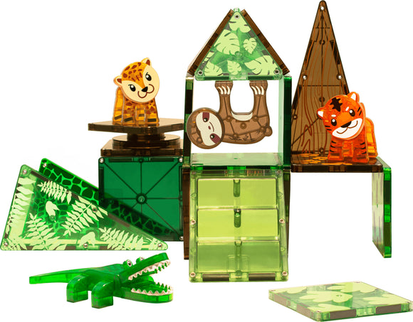 A colorful set of Jungle Animals Magna Tiles featuring various shapes and animal figures. The scene includes a playful tiger and a cheetah on top of transparent green and brown tiles, a sloth hanging beneath, and a green crocodile, all showcasing the vibrant colors and creative potential of this DIY kit for imaginative play.