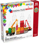 A colorful box of Magna Tiles Builder - 32 Piece Set, featuring clear colored tiles, construction cranes, and warning labels. The design emphasizes creativity, math, and science learning for ages 3 to 99.