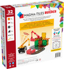 Magna Tiles Builder 32 Piece Set featuring colorful magnetic tiles for creative building. Includes various shapes like squares, rectangles, and quarter circles. The packaging emphasizes imaginative play, STEM learning, and fine motor skills development. Highlights movable parts and construction themes with a crane and brick walls, suitable for children of all ages.