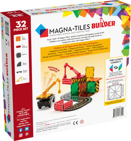 Magna Tiles Builder 32 Piece Set featuring colorful magnetic tiles for creative building. Includes various shapes like squares, rectangles, and quarter circles. The packaging emphasizes imaginative play, STEM learning, and fine motor skills development. Highlights movable parts and construction themes with a crane and brick walls, suitable for children of all ages.