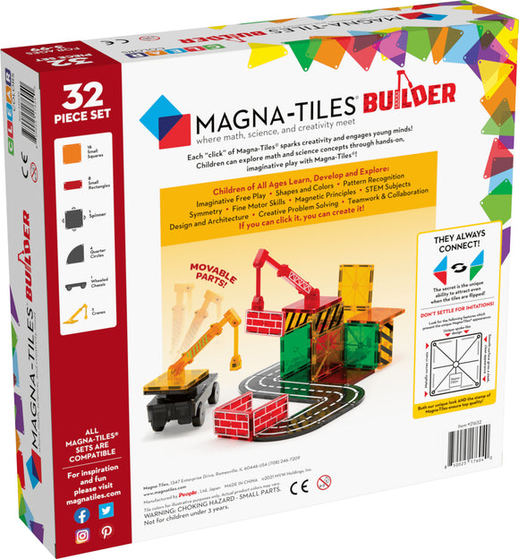 Magna Tiles Builder 32 Piece Set featuring colorful magnetic tiles for creative building. Includes various shapes like squares, rectangles, and quarter circles. The packaging emphasizes imaginative play, STEM learning, and fine motor skills development. Highlights movable parts and construction themes with a crane and brick walls, suitable for children of all ages.