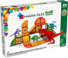 Magna Tiles Dino World 40 Piece Set. The colorful packaging features various dinosaur figures and vibrant tile pieces for imaginative building. Includes movable parts for added playability. Recommended for ages 3 to 99.