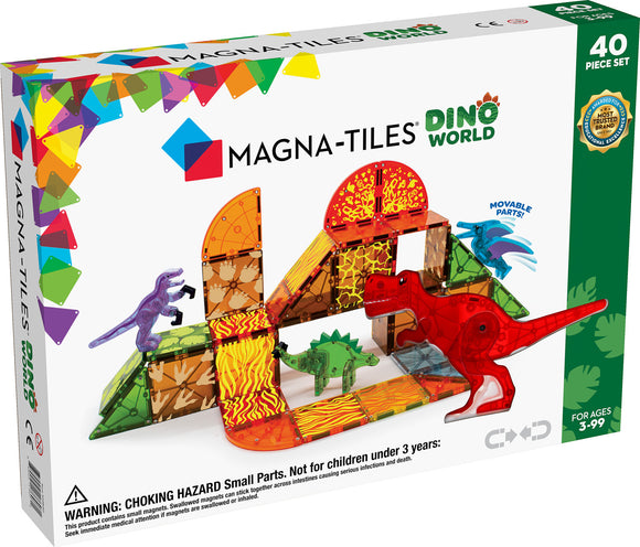 Magna Tiles Dino World 40 Piece Set. The colorful packaging features various dinosaur figures and vibrant tile pieces for imaginative building. Includes movable parts for added playability. Recommended for ages 3 to 99.