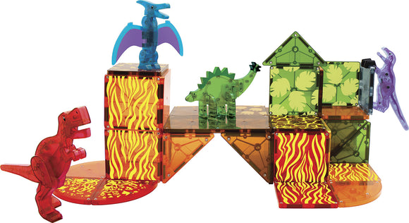 Magna Tiles Dino World 40 Piece Set showcases vibrant, translucent tiles in various colors and shapes, featuring dinosaur figures like a T-Rex and a Pterodactyl, ideal for imaginative construction play. This engaging DIY kit fosters creativity and developmental skills in children.