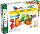 Magna Tiles Dino World 40 Piece Set packaging showcasing colorful magnetic tiles and dinosaur figures. Features various dino names like Tyrannosaurus Rex and Stegosaurus. Promotes educational and creative play for children.