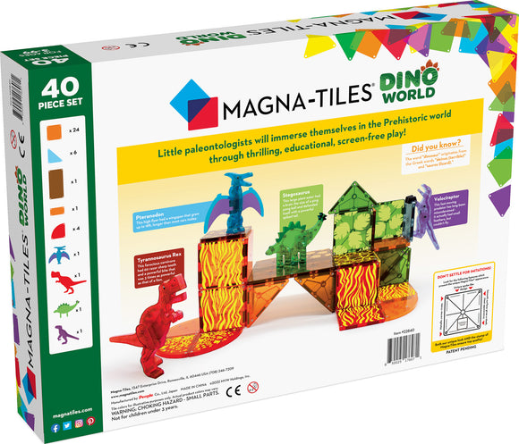 Magna Tiles Dino World 40 Piece Set packaging showcasing colorful magnetic tiles and dinosaur figures. Features various dino names like Tyrannosaurus Rex and Stegosaurus. Promotes educational and creative play for children.