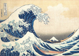 The Great Wave off Kanagawa jigsaw puzzle by Educa, depicting a striking depiction of towering waves and boats with Mount Fuji in the background, showcasing vibrant blues and whites in a classic Japanese ukiyo-e style.