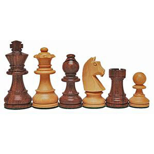 A collection of six finely crafted Sheesham and Kari wood Staunton chess pieces, featuring a 3.75-inch king. The pieces showcase intricate details and natural wood finishes, highlighting the artistic craftsmanship. The set includes a king, queen, bishops, knights, rooks, and pawns arranged in a row, perfect for enhancing both gameplay and display.