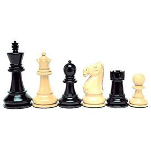 A set of Kari Wood Jacques-style chessmen featuring intricately carved black and white pieces including a king, queen, bishop, knight, rook, and pawn. The chessmen showcase elegant design, perfect for classic chess gameplay.