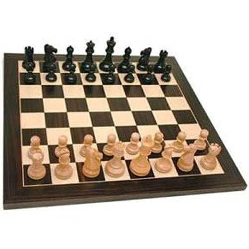 A 19-inch wooden chess board featuring a classic checkered pattern with alternating light and dark squares. The board is set up with intricately detailed wooden chess pieces, including rooks, knights, bishops, queens, and kings in both black and natural wood finish, poised for gameplay.