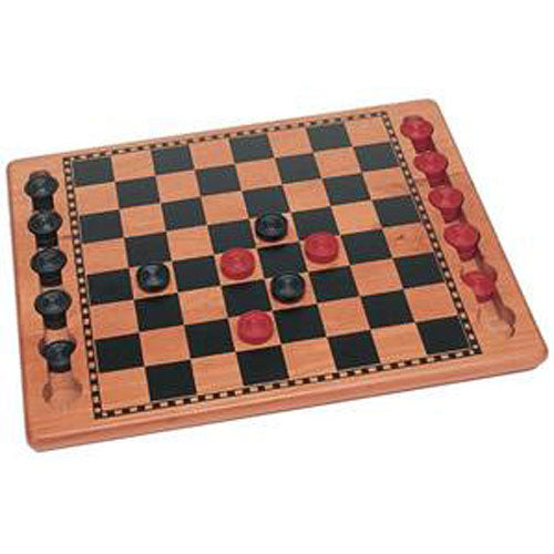 Checkers game board featuring a wooden surface with a classic checkered pattern in black and tan. The game pieces are in black and red, positioned on the board.