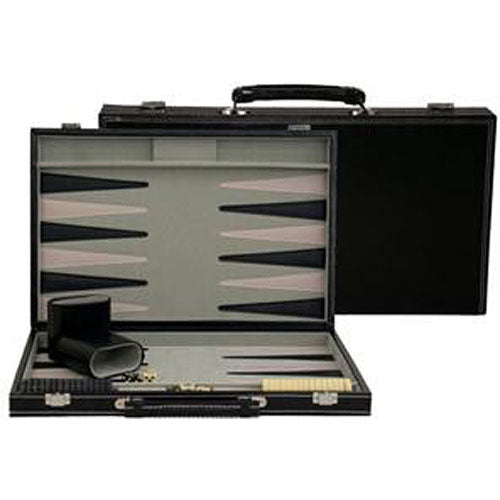 A luxurious 15-inch Backgammon game set by Wood Expressions, featuring a leatherette exterior and an open case displaying the game board with contrasting color pieces, a dice cup, and dice, all neatly organized.