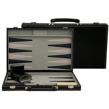 A stylish 18-inch leatherette backgammon set by Wood Expressions, featuring a sleek black exterior, a gray playing surface, and neatly arranged playing pieces and dice. The case is open to display its interior, showcasing the game's layout for two players.