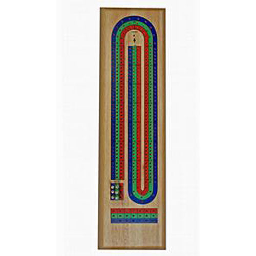 Cribbage board featuring three tracks in vibrant red, blue, and green colors, designed by Wood Expressions Inc. Ideal for classic family game nights.