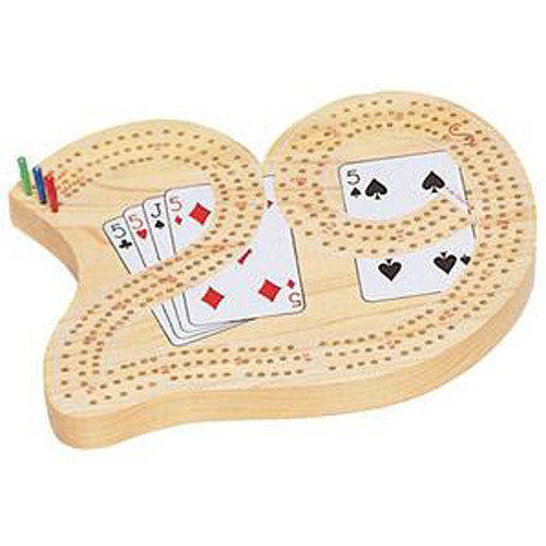 Wooden Cribbage board shaped like a '29' with scoring holes and a set of playing cards positioned on top. The board features colorful pegs for scoring.