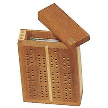 A beautifully crafted wooden Cribbage Board Card Box by Wood Expressions. The box features a smooth finish, a removable lid, and holes for peg storage. Ideal for keeping your cards and pegs organized while playing the classic card game of Cribbage.