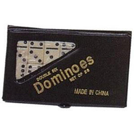 Club Style Double 6 Dominoes game set by Wood Expressions Inc. featuring a sleek black case with a transparent section displaying the domino pieces inside. The set includes 28 dominoes for hours of fun, perfect for family game nights or gatherings.