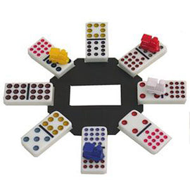 A vibrant set of Mexican Train Dominoes arranged in a circular layout. The dominoes are ivory-colored with colorful dots in various hues, including red, blue, yellow, and pink. Small train tokens in matching colors are positioned on top of the dominoes, enhancing the fun game setup, which is placed on a black circular game board.