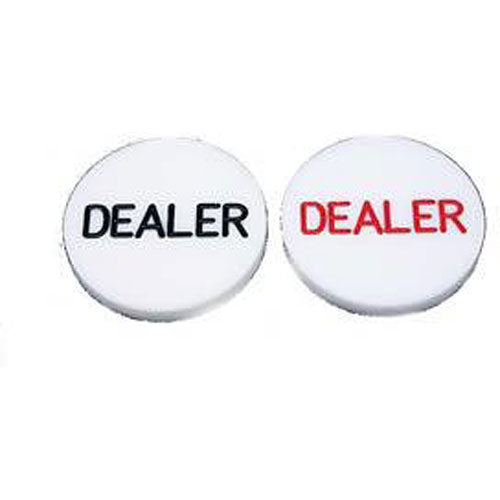Two round dealer buttons, one white with black text reading 'DEALER' and the other white with red text reading 'DEALER'. Perfect for poker games or card games.