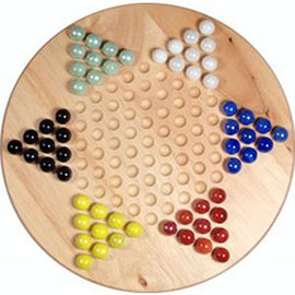 A wooden Chinese Checkers board featuring a star-shaped design with holes for marbles. The board includes colorful marbles in red, blue, green, yellow, black, and white, arranged in distinct formations representing different player positions. The smooth wood grain adds a natural aesthetic.