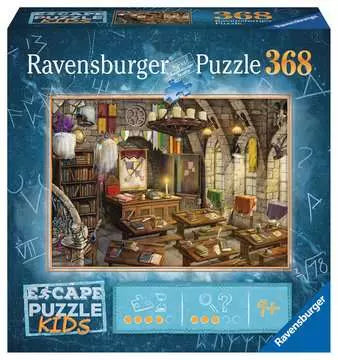 Box of the jigsaw puzzle 'Escape Kids: Magical Mayhem' by Ravensburger. Features an illustrated scene of a mysterious room filled with books, tables, and magical elements. The box displays the puzzle's piece count, which is 368, and age recommendation of 6+. The design is colorful and engaging, perfect for sparking imagination in children.