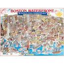 A jigsaw puzzle depicting a colorful, detailed illustration of the Boston Waterfront and Faneuil Hall Marketplace. The vibrant artwork features iconic buildings, boats in the harbor, and festive decorations, capturing the lively atmosphere of this famous Boston area.