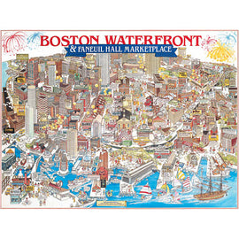 A jigsaw puzzle depicting a colorful, detailed illustration of the Boston Waterfront and Faneuil Hall Marketplace. The vibrant artwork features iconic buildings, boats in the harbor, and festive decorations, capturing the lively atmosphere of this famous Boston area.