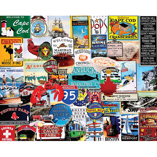 A colorful jigsaw puzzle titled 'I Love New England' by White Mountain Puzzles, showcasing iconic landmarks, symbols, and attractions from New England. The image features vibrant illustrations of places like Cape Cod, Fenway Park, and a variety of vintage postcards and signs that reflect the rich culture and history of the region.