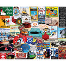 A colorful jigsaw puzzle titled 'I Love New England' by White Mountain Puzzles, showcasing iconic landmarks, symbols, and attractions from New England. The image features vibrant illustrations of places like Cape Cod, Fenway Park, and a variety of vintage postcards and signs that reflect the rich culture and history of the region.