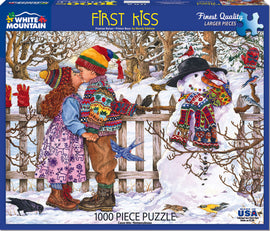 The Beers of New England jigsaw puzzle by White Mountain Puzzles features a beautifully illustrated winter scene. It depicts a young couple sharing a kiss in a snowy landscape, with colorful birds and a snowman dressed in knitted attire nearby. The puzzle includes 1000 pieces and is designed for puzzle enthusiasts, showcasing intricate and vibrant artwork suitable for a cozy family activity.