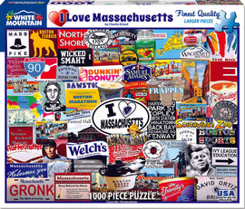 I Love Massachusetts jigsaw puzzle by White Mountain Puzzles featuring a vibrant collage of iconic Massachusetts symbols, landmarks, and logos. The design showcases elements like the Boston Terrier, Dunkin' Donuts, the Massachusetts state seal, local food, and various scenic spots, all clearly visible and colorful. This 1000-piece puzzle offers a challenging and engaging activity for puzzle enthusiasts and fans of Massachusetts.