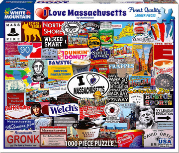 I Love Massachusetts jigsaw puzzle by White Mountain Puzzles featuring a vibrant collage of iconic Massachusetts symbols, landmarks, and logos. The design showcases elements like the Boston Terrier, Dunkin' Donuts, the Massachusetts state seal, local food, and various scenic spots, all clearly visible and colorful. This 1000-piece puzzle offers a challenging and engaging activity for puzzle enthusiasts and fans of Massachusetts.