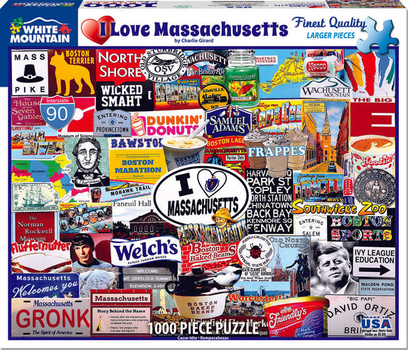 I Love Massachusetts jigsaw puzzle by White Mountain Puzzles featuring a vibrant collage of iconic Massachusetts symbols, landmarks, and logos. The design showcases elements like the Boston Terrier, Dunkin' Donuts, the Massachusetts state seal, local food, and various scenic spots, all clearly visible and colorful. This 1000-piece puzzle offers a challenging and engaging activity for puzzle enthusiasts and fans of Massachusetts.