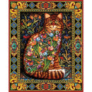 A vibrant jigsaw puzzle featuring a majestic cat adorned with flowers, surrounded by intricate floral and foliage patterns in rich colors. The cat's fur is illustrated in shades of orange and brown, harmonizing beautifully with the colorful botanical designs that embellish its form. The background includes detailed elements such as butterflies and decorative borders, creating a visually stunning artwork that captivates the viewer's attention.