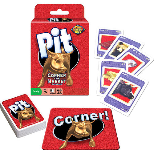 The game Pit by Winning Moves includes a vibrant red box featuring a gold bull on the front. Inside are colorful playing cards depicting various commodities like Cocoa, Platinum, and Gold, along with a game board labeled 'Corner!'. Perfect for family game nights, this fast-paced game encourages players to trade commodities to corner the market.