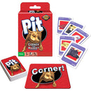 The game Pit by Winning Moves includes a vibrant red box featuring a gold bull on the front. Inside are colorful playing cards depicting various commodities like Cocoa, Platinum, and Gold, along with a game board labeled 'Corner!'. Perfect for family game nights, this fast-paced game encourages players to trade commodities to corner the market.