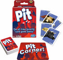 The game Pit by Winning Moves displayed with its colorful packaging and various game cards. The box features bold blue and red design with the title 'Pit' and the tagline 'The all-time favorite card game frenzy.' Scattered around the box are game cards, including images of a bear, cocoa, gold, and a bull, creating an engaging and energetic game atmosphere.