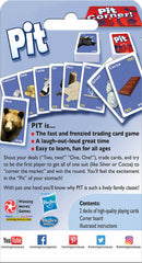 Pit game by Winning Moves, featuring a colorful trading card design. The packaging displays various cards including characters like Bear, and items like Silver and Cocoa. It promises a fast-paced, family-friendly gameplay experience that's easy to learn and suitable for all ages. The back of the packaging describes the game mechanics and includes illustrations of the contents: two decks of cards, a corner board, and instructions.