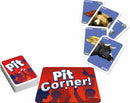 The Pit game by Winning Moves features a colorful card deck with vibrant illustrations. The main card displays 'Pit!' in bold letters with silhouettes of players in action. Surrounding it are several individual cards depicting items like cocoa, a bear, gold, and a bull, each with their respective values. This fast-paced trading game involves strategy and excitement, perfect for family game nights.