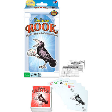 Deluxe Rook Card Game by Winning Moves featuring a colorful packaging with a crow illustration. The set includes a deck of cards, scoring pads, and instructions. Perfect for family game nights.