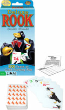Deluxe Rook Card Game by Winning Moves, featuring a colorful box with cartoon penguins, cards displaying vibrant colors, and a player's guide. The game celebrates 100 years of Rook with a design that attracts families and card game enthusiasts.