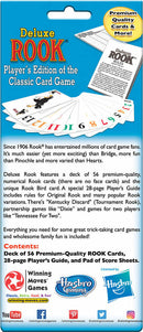 Deluxe Rook Card Game by Winning Moves features 56 premium-quality Rook cards, a 28-page Player's Guide with game rules and variations, and a pad of score sheets. It's designed for exciting card game fun, including traditional and partnership games suitable for families and game enthusiasts alike.