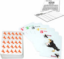 Deluxe Rook Card Game by Winning Moves featuring a deck of colorful playing cards with numbers and a logo of a crow. Includes rules and score sheet for gameplay.