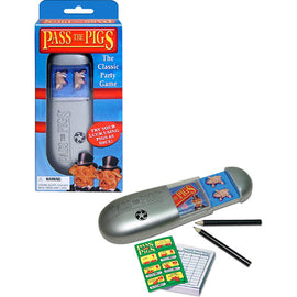 Pass the Pigs party game by Winning Moves, featuring a unique pig-shaped dice mechanism, score sheets, and pencils. The box showcases colorful graphics with pigs in top hats.